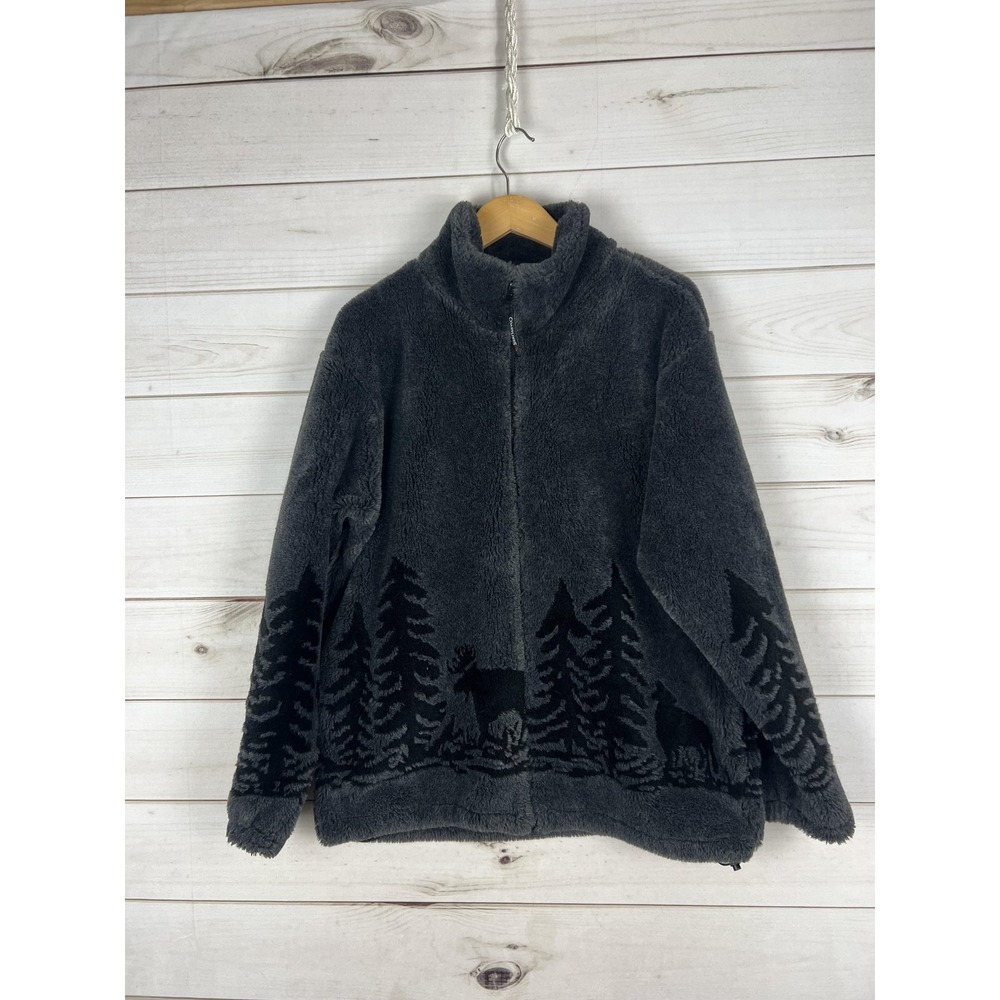 Coastlines Jacket Womens Medium Gray Sherpa Fleece Full Zip Wildlife Moose Bear